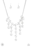 Spotlight Stunner - Silver & White Gem Twinkly Tassels Blockbuster Necklace