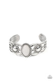 white oval stone on silver cuff bracelet