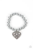 Cutely Crushing - Silver Pearls Oversized White Gem Encrusted Heart Stretchy Bracelet