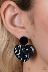 Just a Little Crush - Shiny Black Hammered Heart Post Earrings