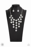 Spotlight Stunner - Silver & White Gem Twinkly Tassels Blockbuster Necklace