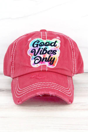 DISTRESSED TIE-DYE 'GOOD VIBES ONLY' BASEBALL CAP - salmon pink